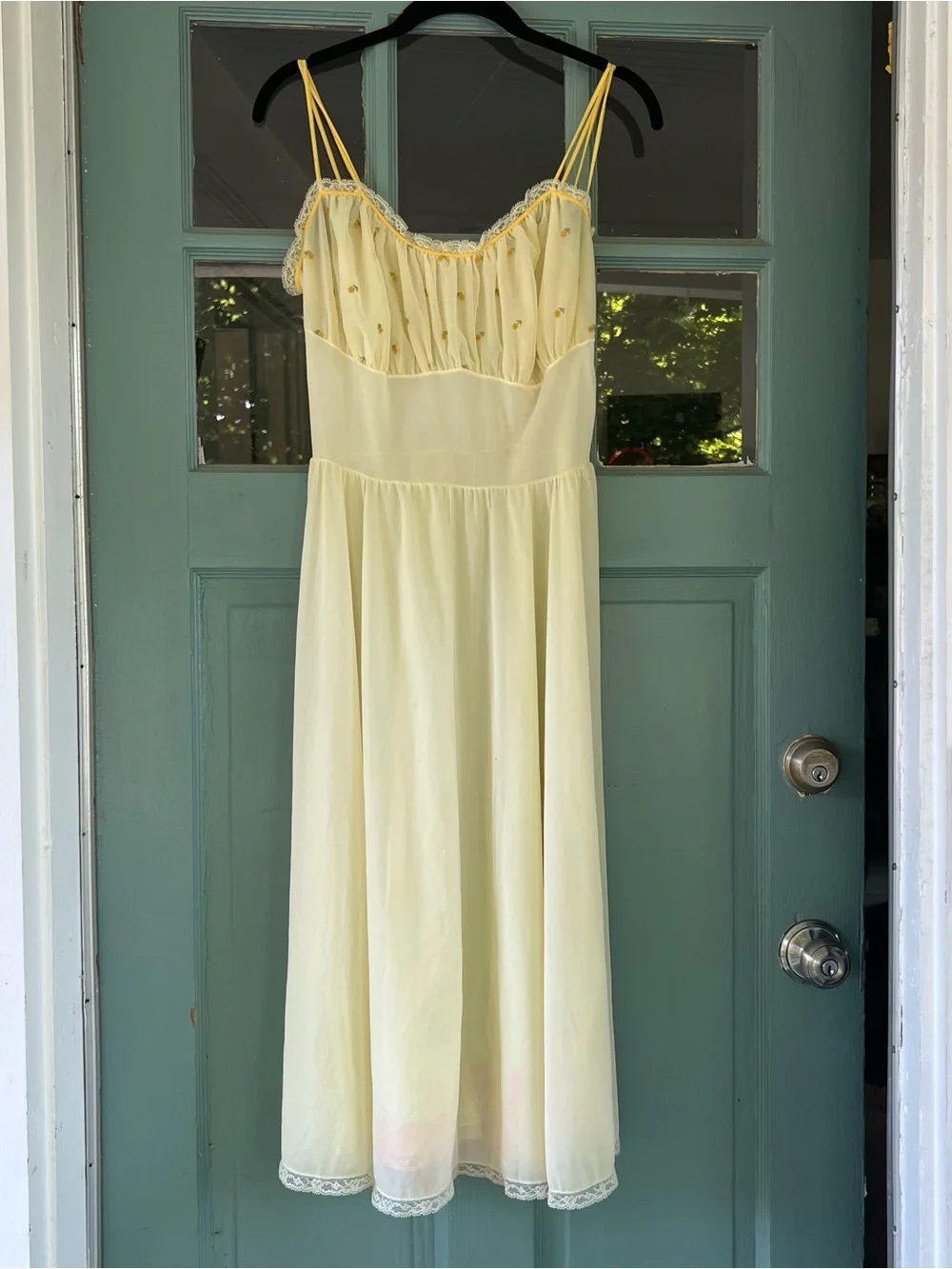 Vintage Womens Sheer Pale Yellow Flowers Spaghetti Strap Nightgown Nightie Lace - Picture 1 of 16